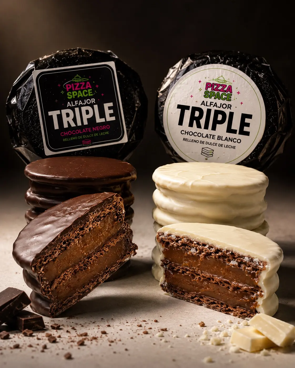 Alfajor Triple Space con chocolate blanco y negro